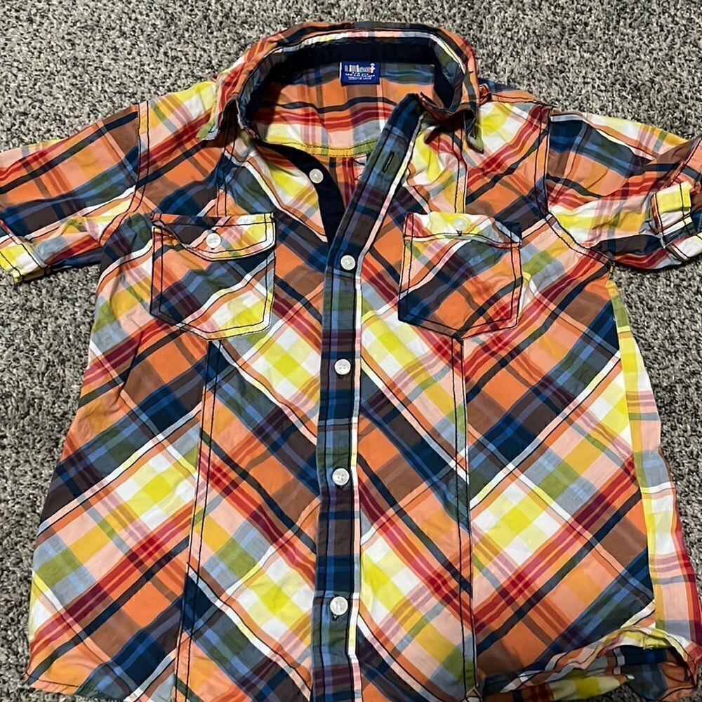 Lilliput - orange yellow plaid - button up shirt - 7/8